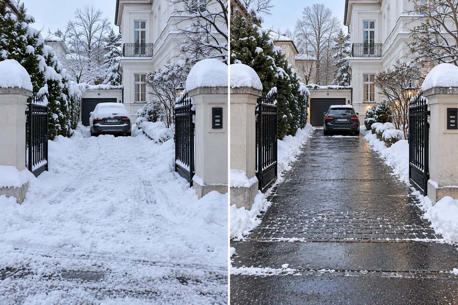 Geteiltes Bild einer Hauseinfahrt: links mit Schnee bedeckt, rechts geräumt bis zur Garage