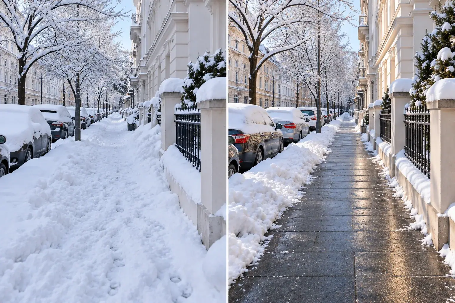 Geteiltes Bild eines Gehwegs an einer Gründerzeitzeile: links verschneit, rechts auf ganzer Breite freigeräumt