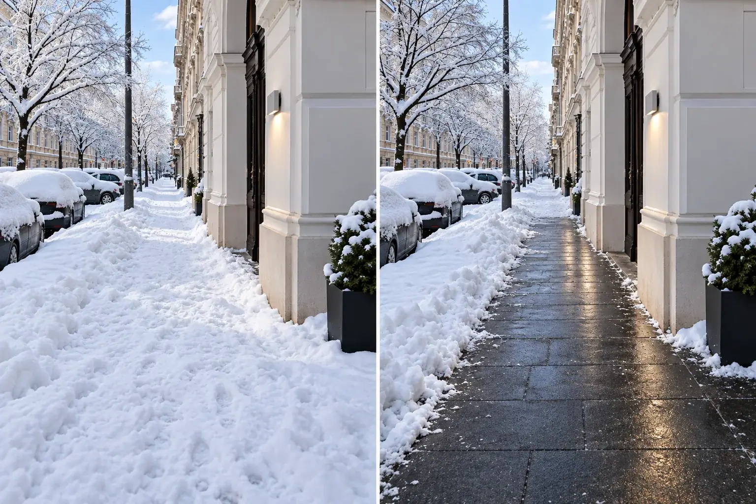 Geteiltes Bild eines Gehsteigs vor einem Wiener Altbau: links tiefer Schnee, rechts geräumte und gestreute Gehsteigplatten